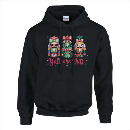Black Y’all Are Nuts hoodie with nutcrackers, tree, pink script