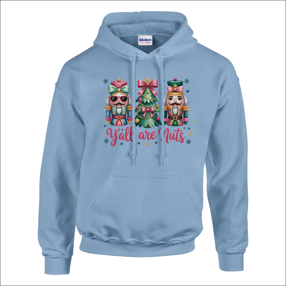 Light blue Gildan Y’all Are Nuts Christmas hoodie with nutcrackers and tree