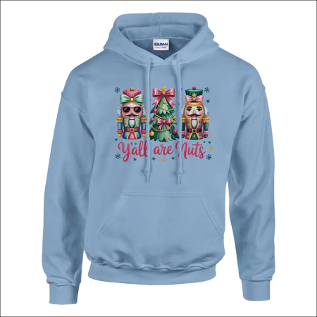 Light blue Gildan Y’all Are Nuts Christmas hoodie with nutcrackers and tree