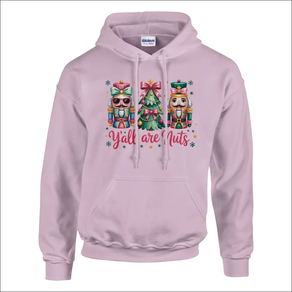 Y’all Are Nuts lavender unisex pullover hoodie with nutcracker Christmas graphic