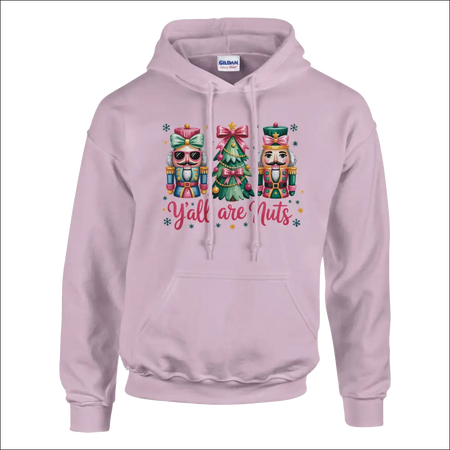 Y’all Are Nuts lavender unisex pullover hoodie with nutcracker Christmas graphic