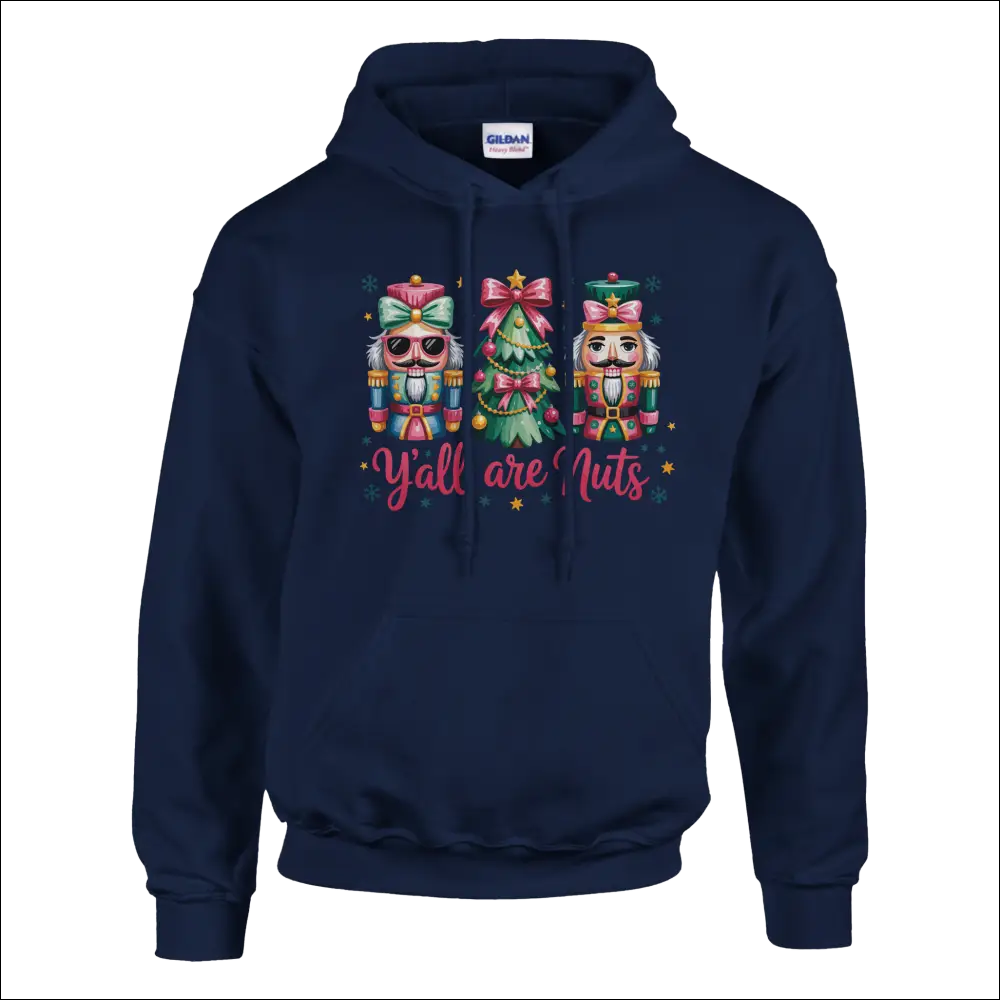 Navy blue Gildan Y’all Are Nuts Christmas hoodie with nutcrackers and tree graphic