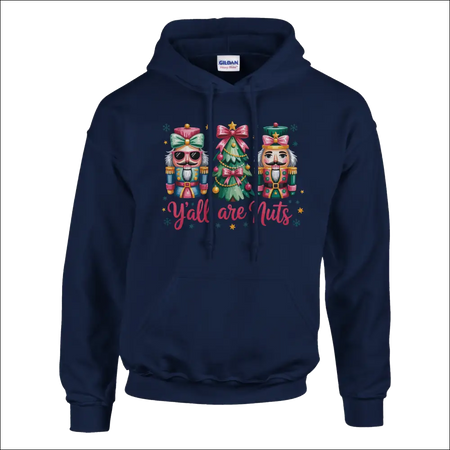 Navy blue Gildan Y’all Are Nuts Christmas hoodie with nutcrackers and tree graphic