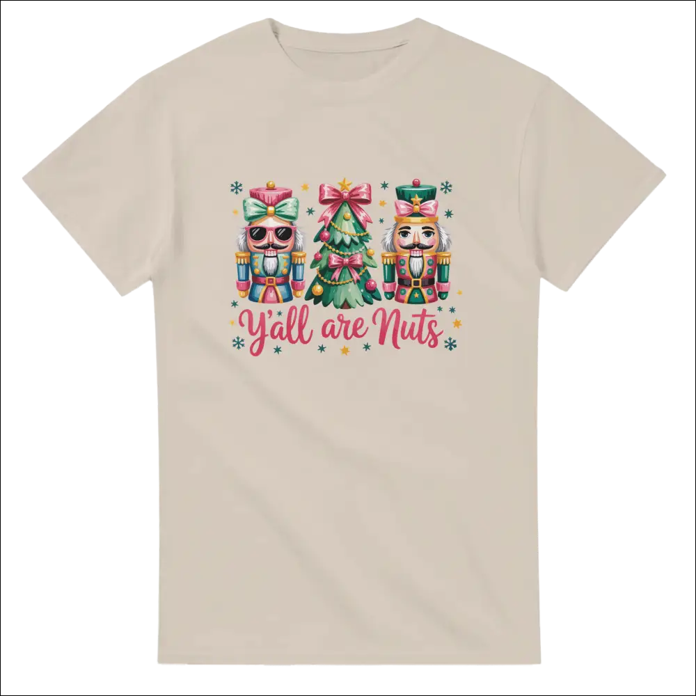 Beige short-sleeved Y’all Are Nuts Christmas t-shirt with nutcracker graphic