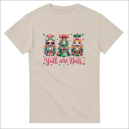Beige short-sleeved Y’all Are Nuts Christmas t-shirt with nutcracker graphic